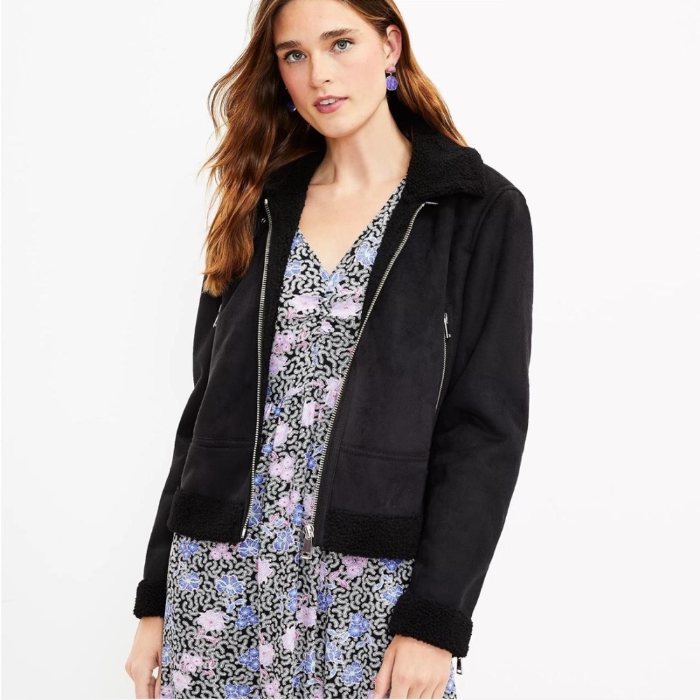 Black aviator moto suede shearling jacket